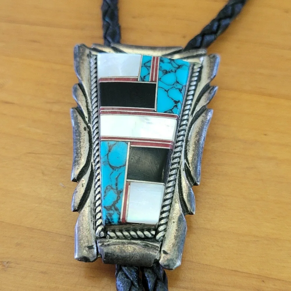 Vintage Zuni Sterling Silver Multi Stone Inlay Bolo Tie Turquoise Coral